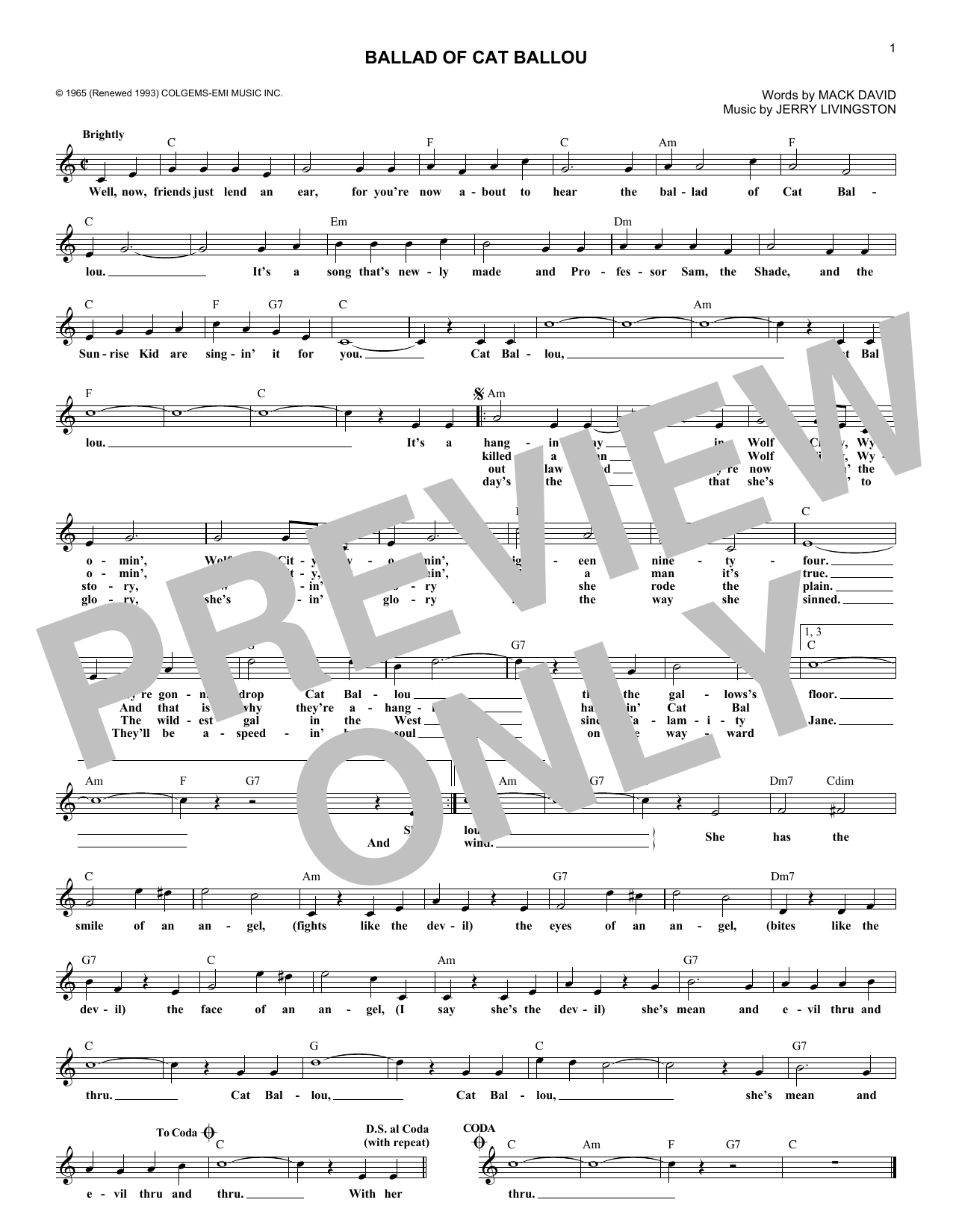 Download Jerry Livingston Ballad of Cat Ballou Sheet Music and learn how to play Melody Line, Lyrics & Chords PDF digital score in minutes