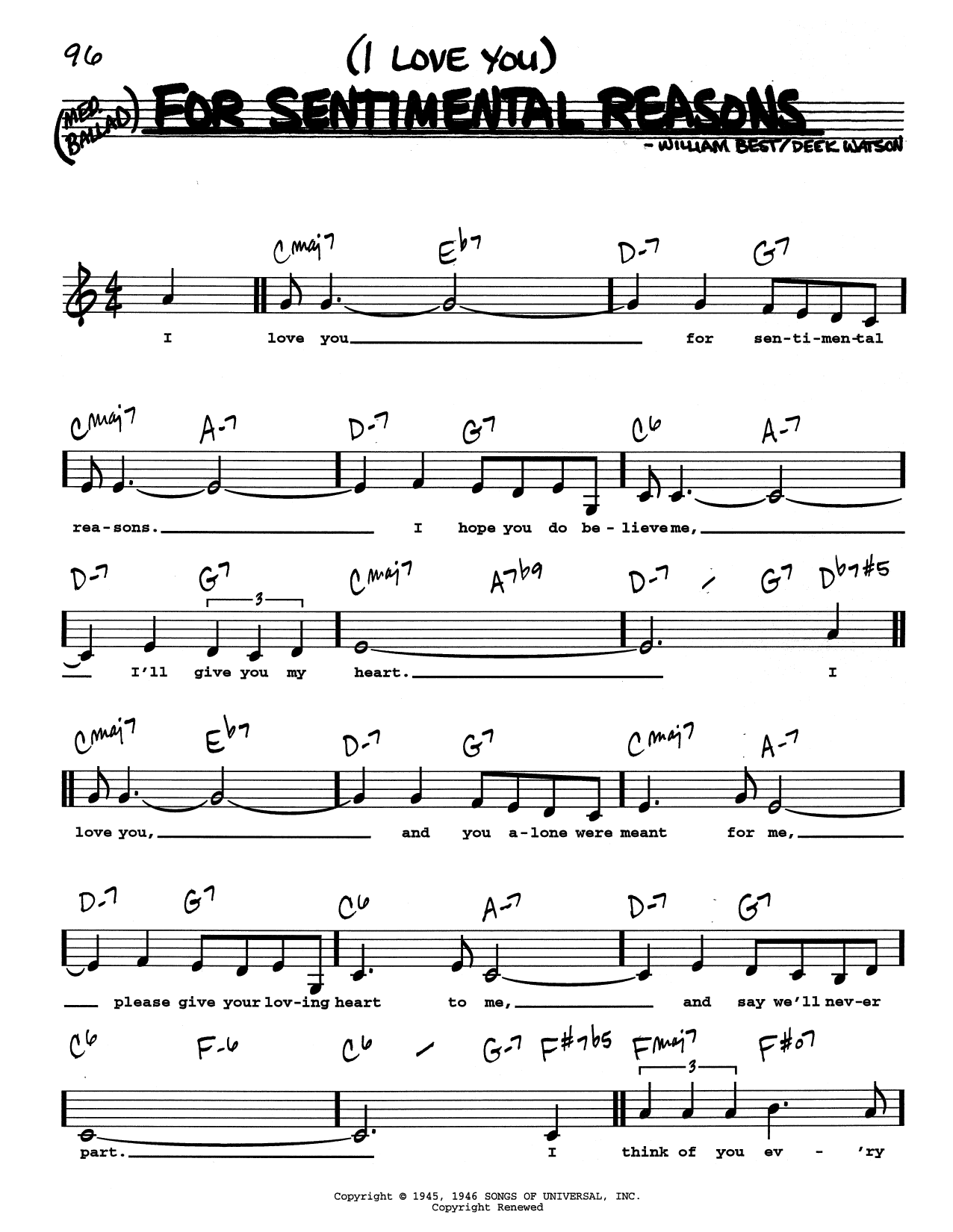 Download Nat King Cole (I Love You) For Sentimental Reasons (Low Voice) Sheet Music and learn how to play Real Book – Melody, Lyrics & Chords PDF digital score in minutes