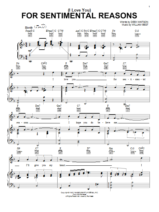 Download Nat King Cole (I Love You) For Sentimental Reasons Sheet Music and learn how to play Piano, Vocal & Guitar (Right-Hand Melody) PDF digital score in minutes