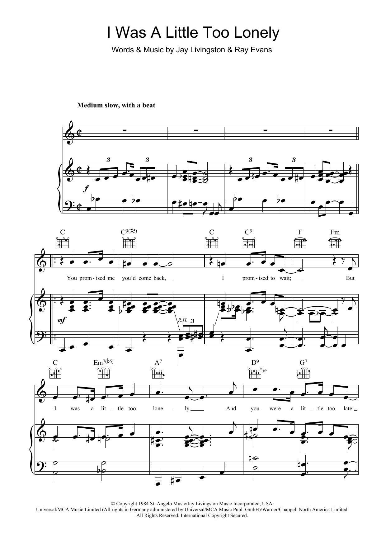 Download Nat King Cole I Was A Little Too Lonely Sheet Music and learn how to play Piano, Vocal & Guitar (Right-Hand Melody) PDF digital score in minutes