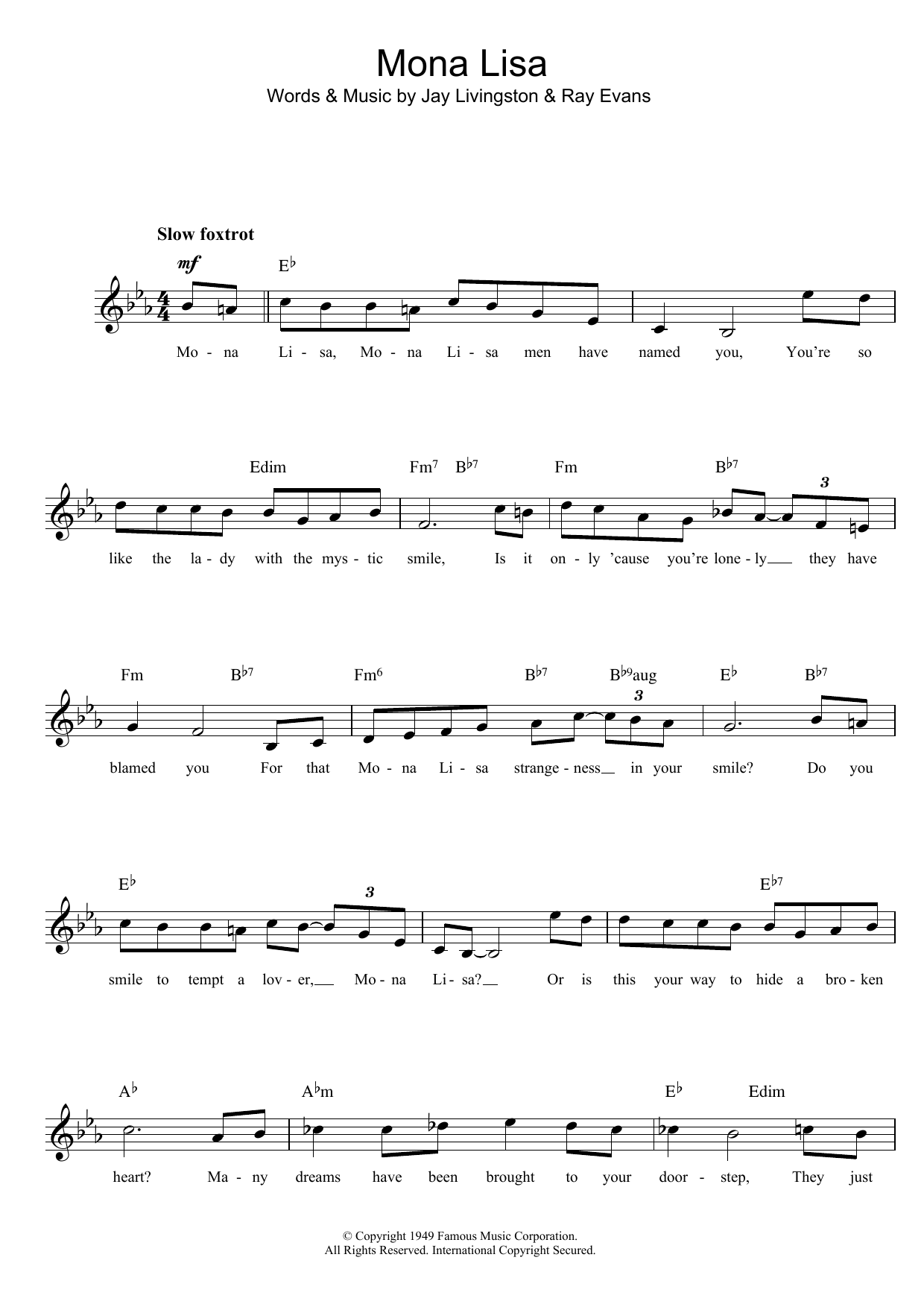 Download Nat King Cole Mona Lisa Sheet Music and learn how to play Melody Line, Lyrics & Chords PDF digital score in minutes