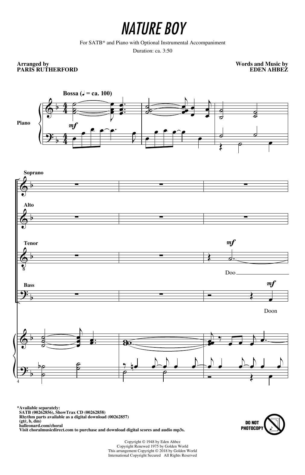 Download Paris Rutherford Nature Boy Sheet Music and learn how to play SATB Choir PDF digital score in minutes