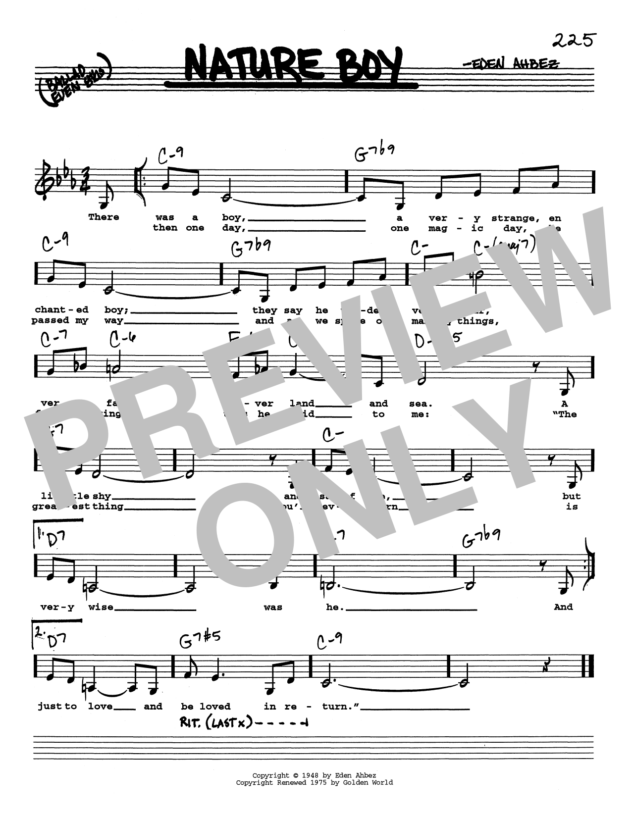 Download Nat King Cole Nature Boy (Low Voice) Sheet Music and learn how to play Real Book – Melody, Lyrics & Chords PDF digital score in minutes