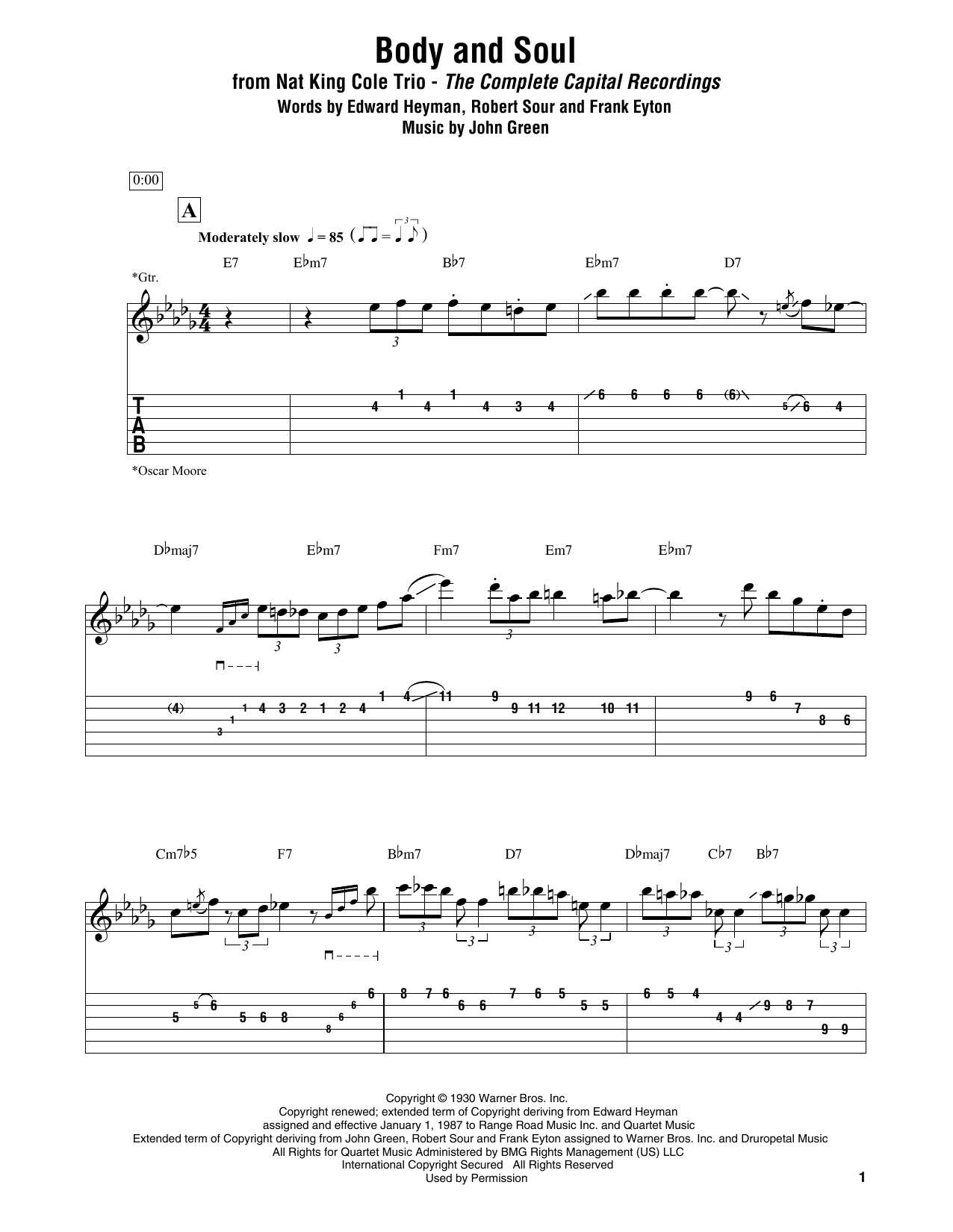 Download Nat King Cole Trio Body And Soul Sheet Music and learn how to play Electric Guitar Transcription PDF digital score in minutes