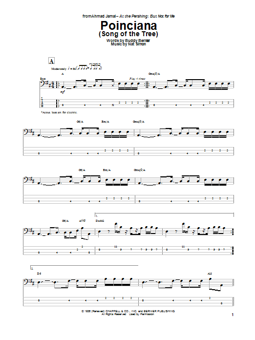Download Nat Simon Poinciana (Song Of The Tree) Sheet Music and learn how to play Bass Guitar Tab PDF digital score in minutes