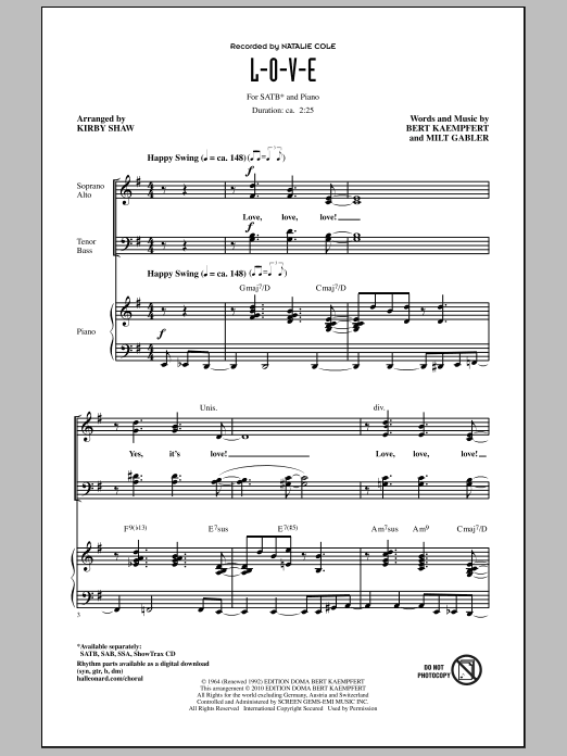 Download Natalie Cole L-O-V-E (arr. Kirby Shaw) Sheet Music and learn how to play SATB Choir PDF digital score in minutes