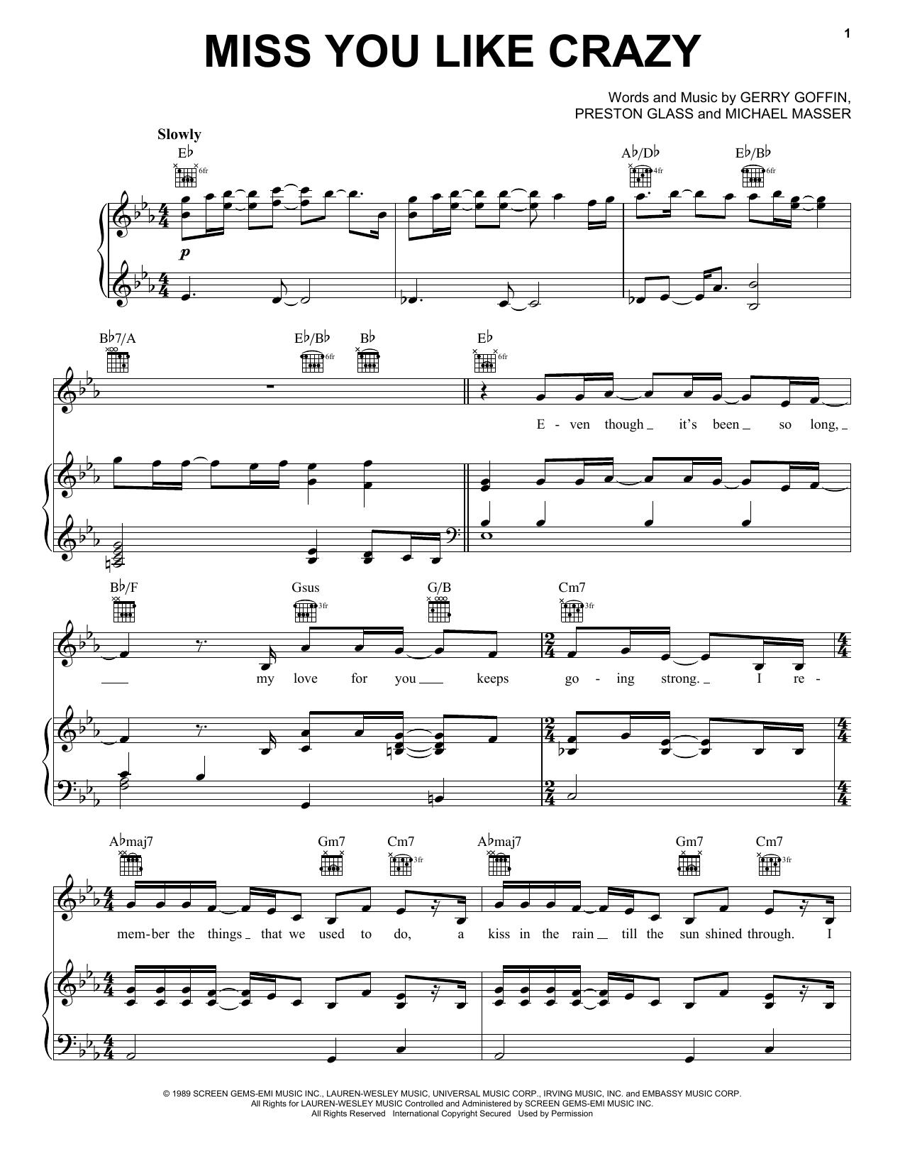 Download Natalie Cole Miss You Like Crazy Sheet Music and learn how to play Piano, Vocal & Guitar Chords (Right-Hand Melody) PDF digital score in minutes