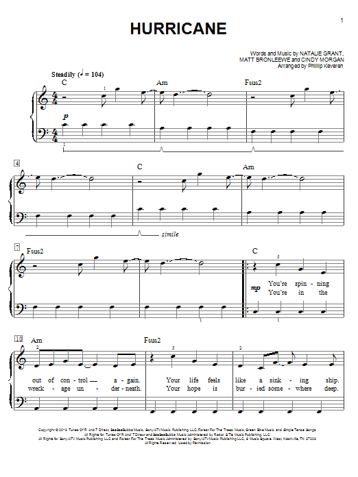 Download Matt Bronleewe Hurricane Sheet Music and learn how to play Easy Piano PDF digital score in minutes