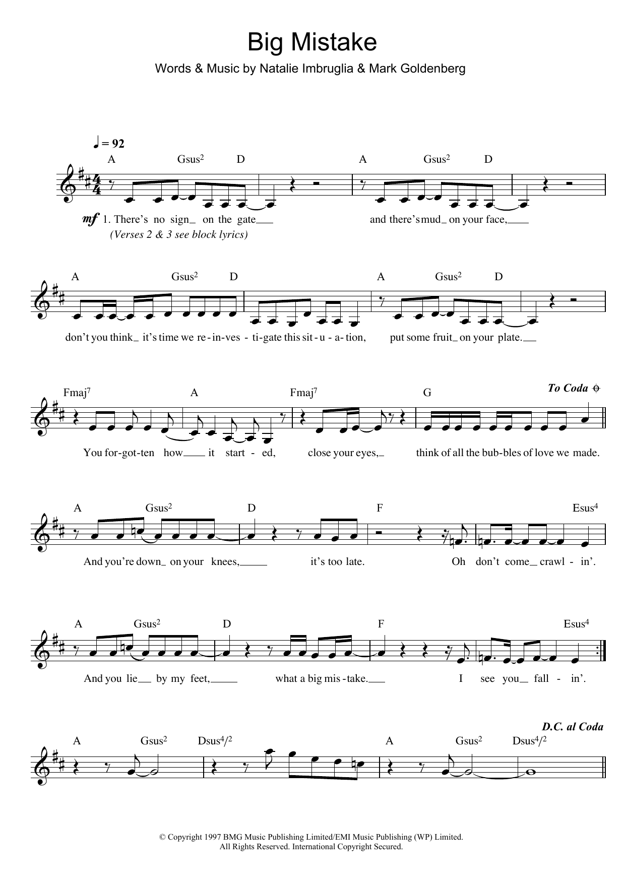Download Natalie Imbruglia Big Mistake Sheet Music and learn how to play Keyboard PDF digital score in minutes