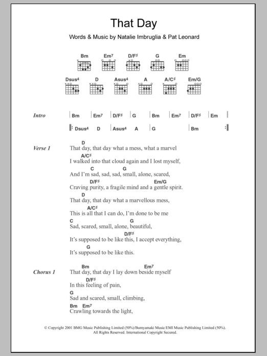 Download Natalie Imbruglia That Day Sheet Music and learn how to play Lyrics & Chords PDF digital score in minutes