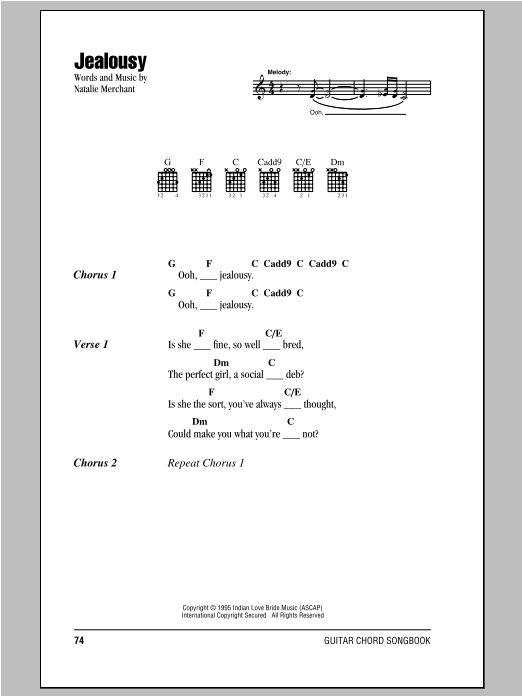 Download Natalie Merchant Jealousy Sheet Music and learn how to play Lyrics & Chords PDF digital score in minutes