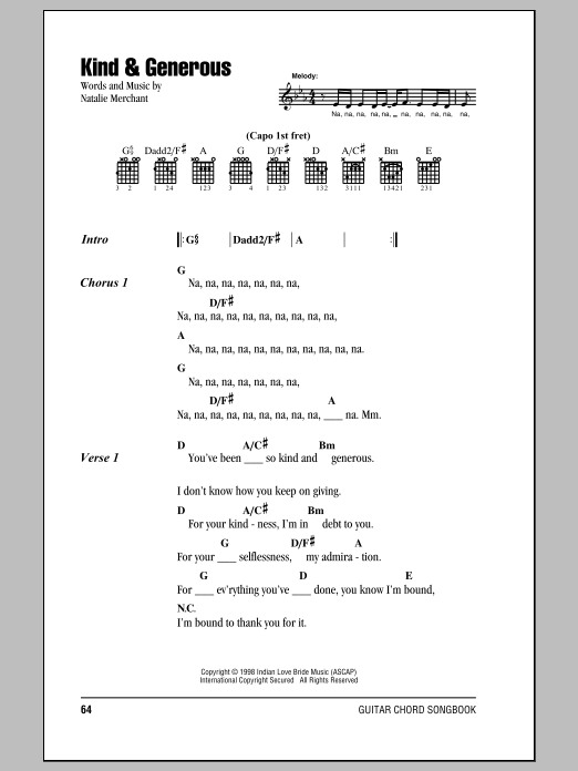 Download Natalie Merchant Kind & Generous Sheet Music and learn how to play Lyrics & Chords PDF digital score in minutes