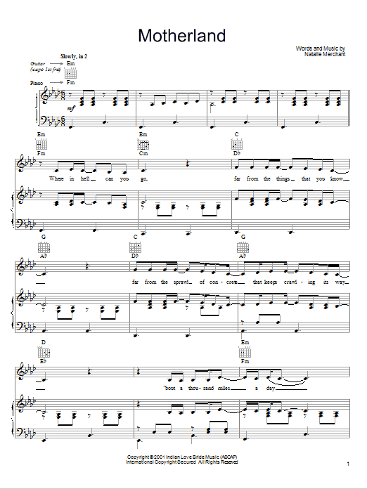 Download Natalie Merchant Motherland Sheet Music and learn how to play Piano, Vocal & Guitar (Right-Hand Melody) PDF digital score in minutes