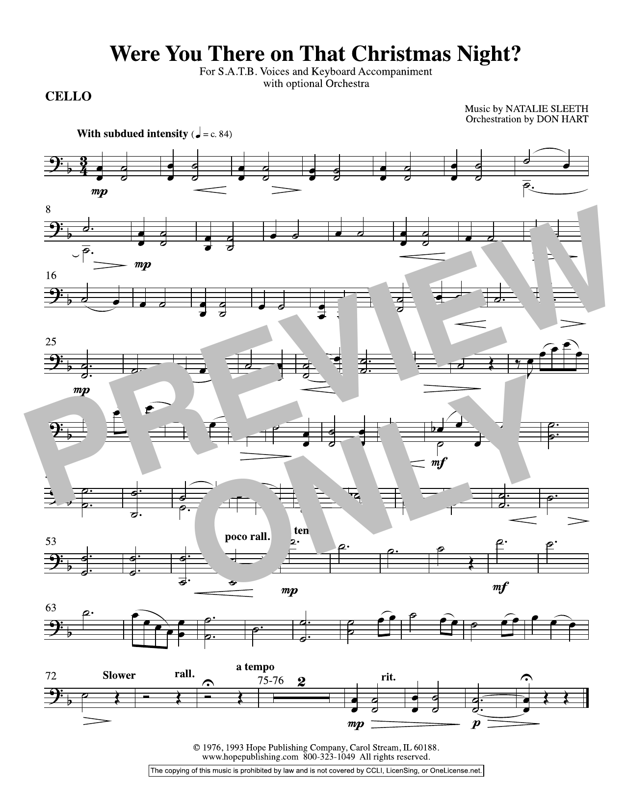 Download NATALIE SLEETH Were You There On That Christmas Night? (arr. Don Hart) - Cello Sheet Music and learn how to play Choir Instrumental Pak PDF digital score in minutes