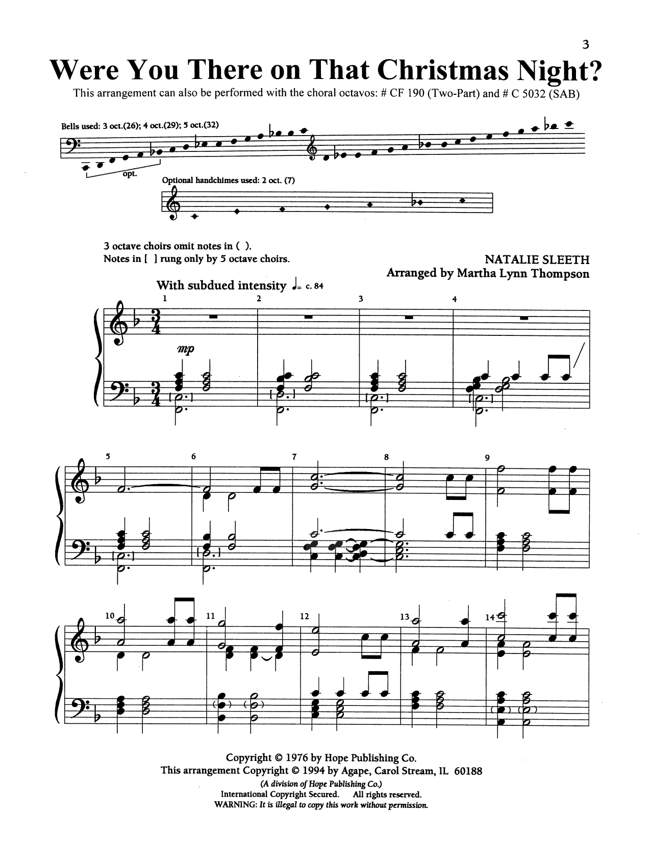 Download NATALIE SLEETH Were You There On That Christmas Night? (arr. Martha Lynn Thompson) - Handbells Sheet Music and learn how to play Choir Instrumental Pak PDF digital score in minutes