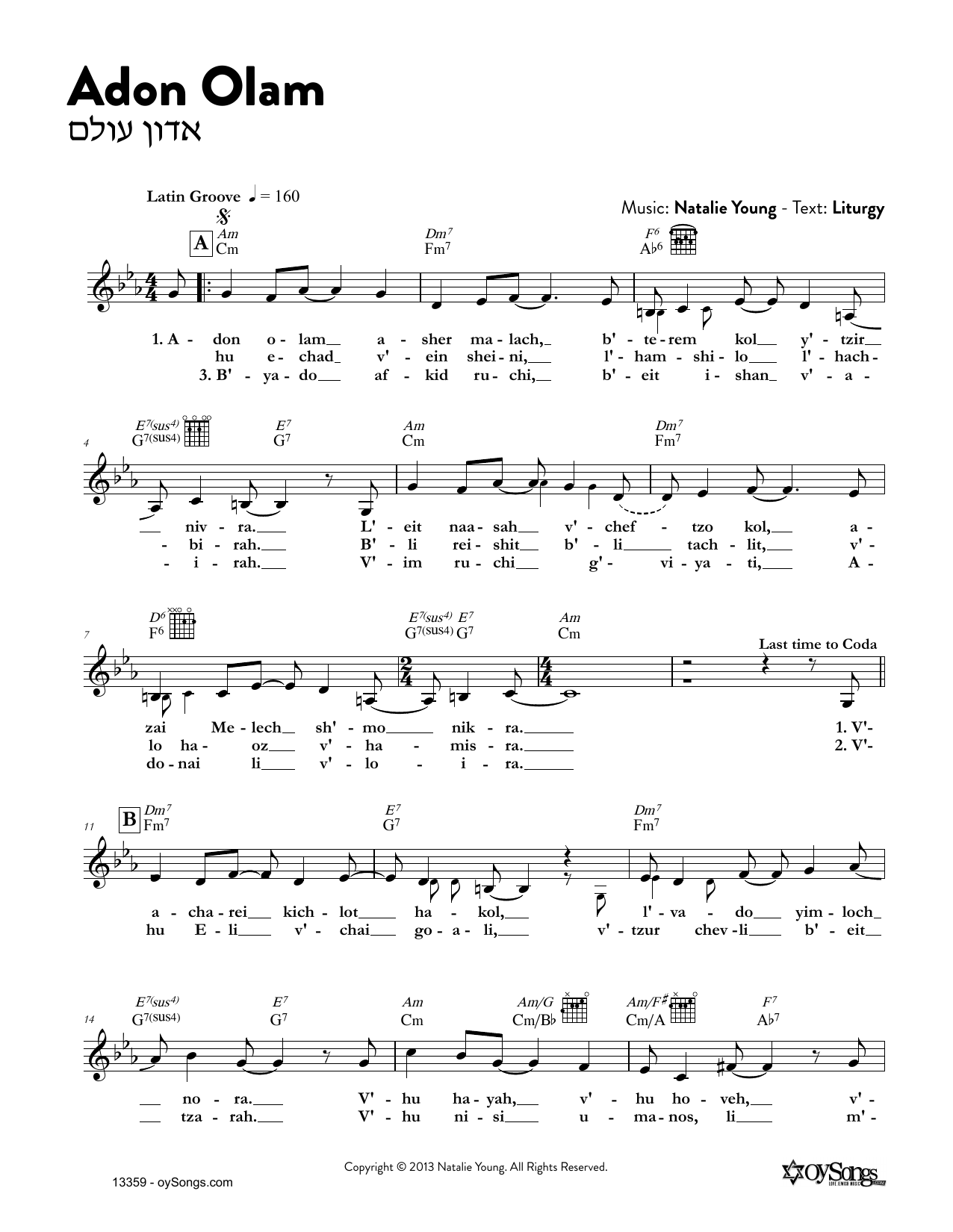 Download Natalie Young Adon Olam Sheet Music and learn how to play Melody Line, Lyrics & Chords PDF digital score in minutes