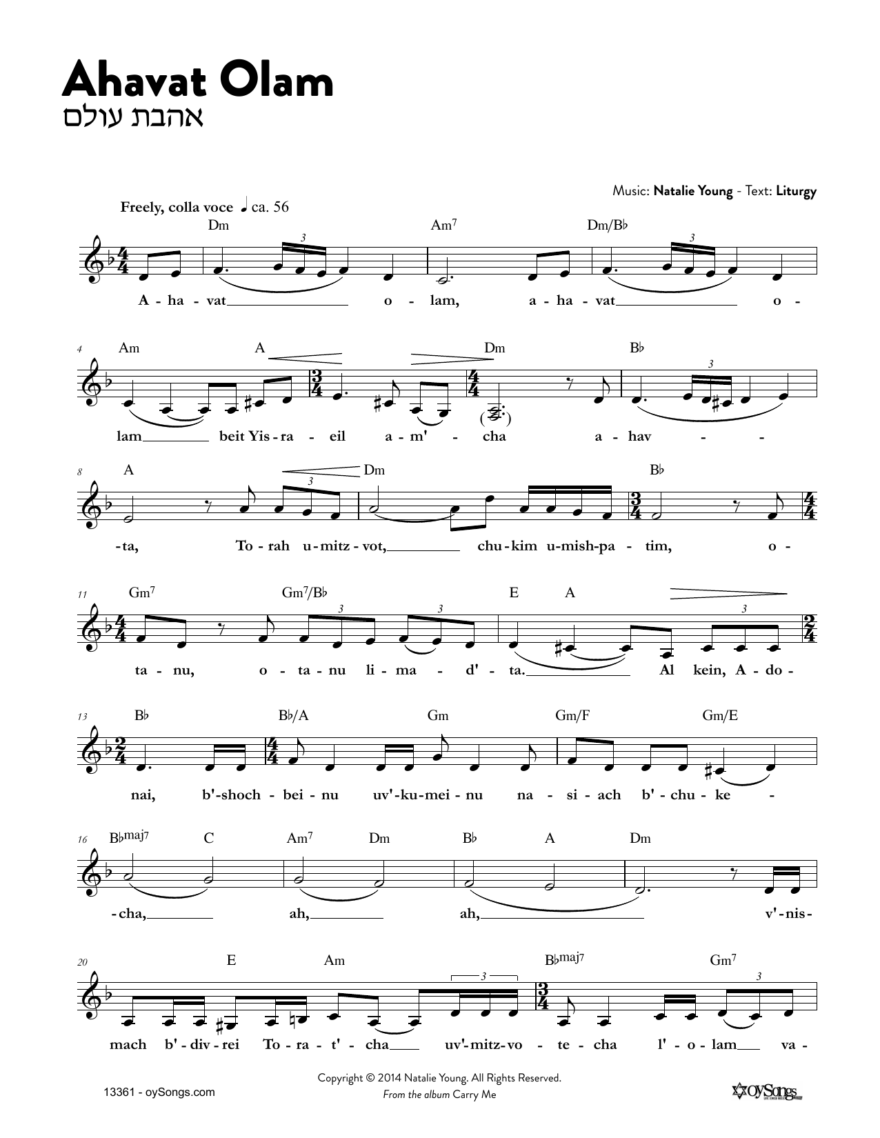 Download Natalie Young Ahavat Olam Sheet Music and learn how to play Melody Line, Lyrics & Chords PDF digital score in minutes