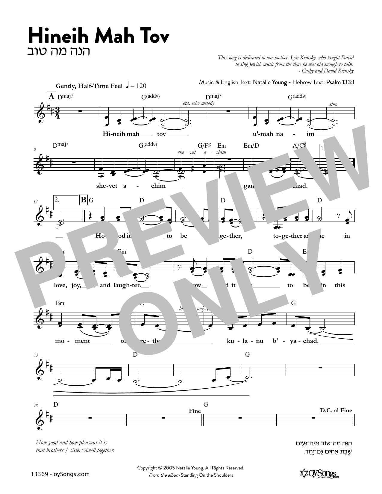 Download Natalie Young Hineih Mah Tov Sheet Music and learn how to play Melody Line, Lyrics & Chords PDF digital score in minutes