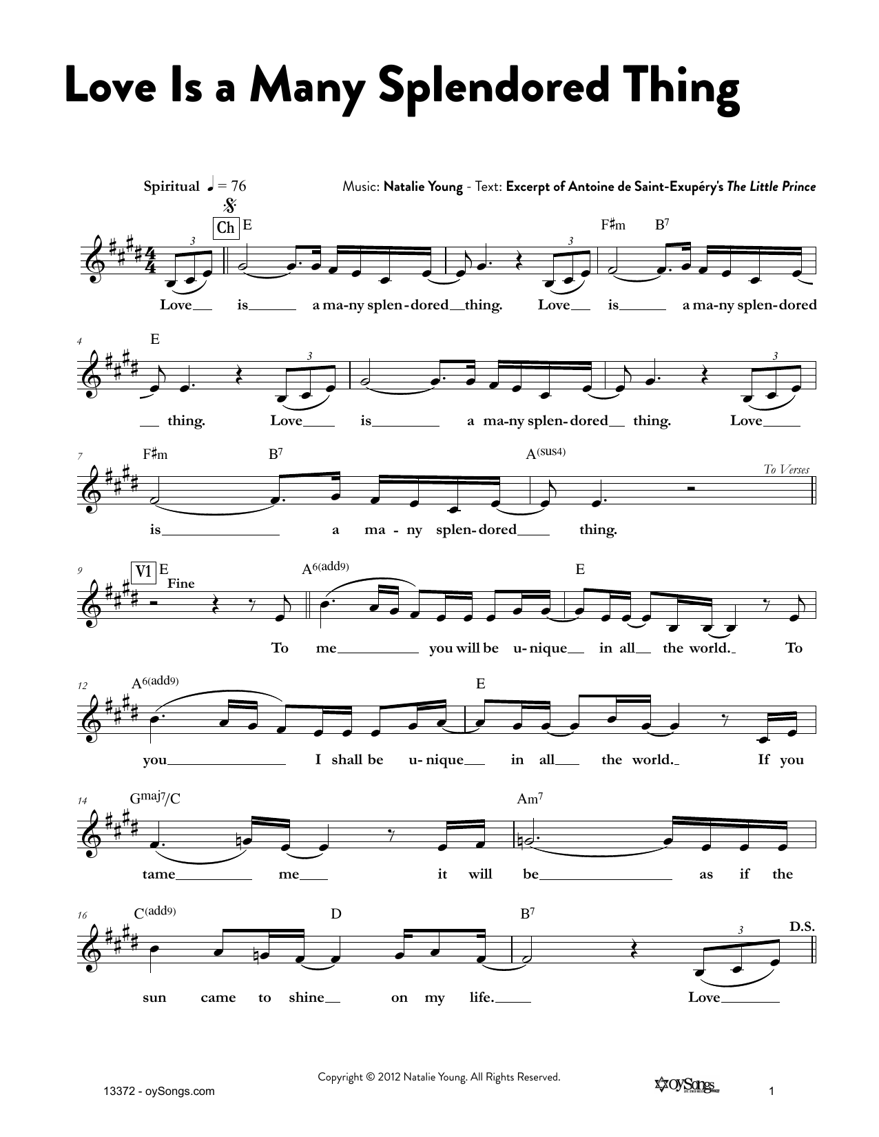 Download Natalie Young Love Is a Many Splendored Thing Sheet Music and learn how to play Melody Line, Lyrics & Chords PDF digital score in minutes