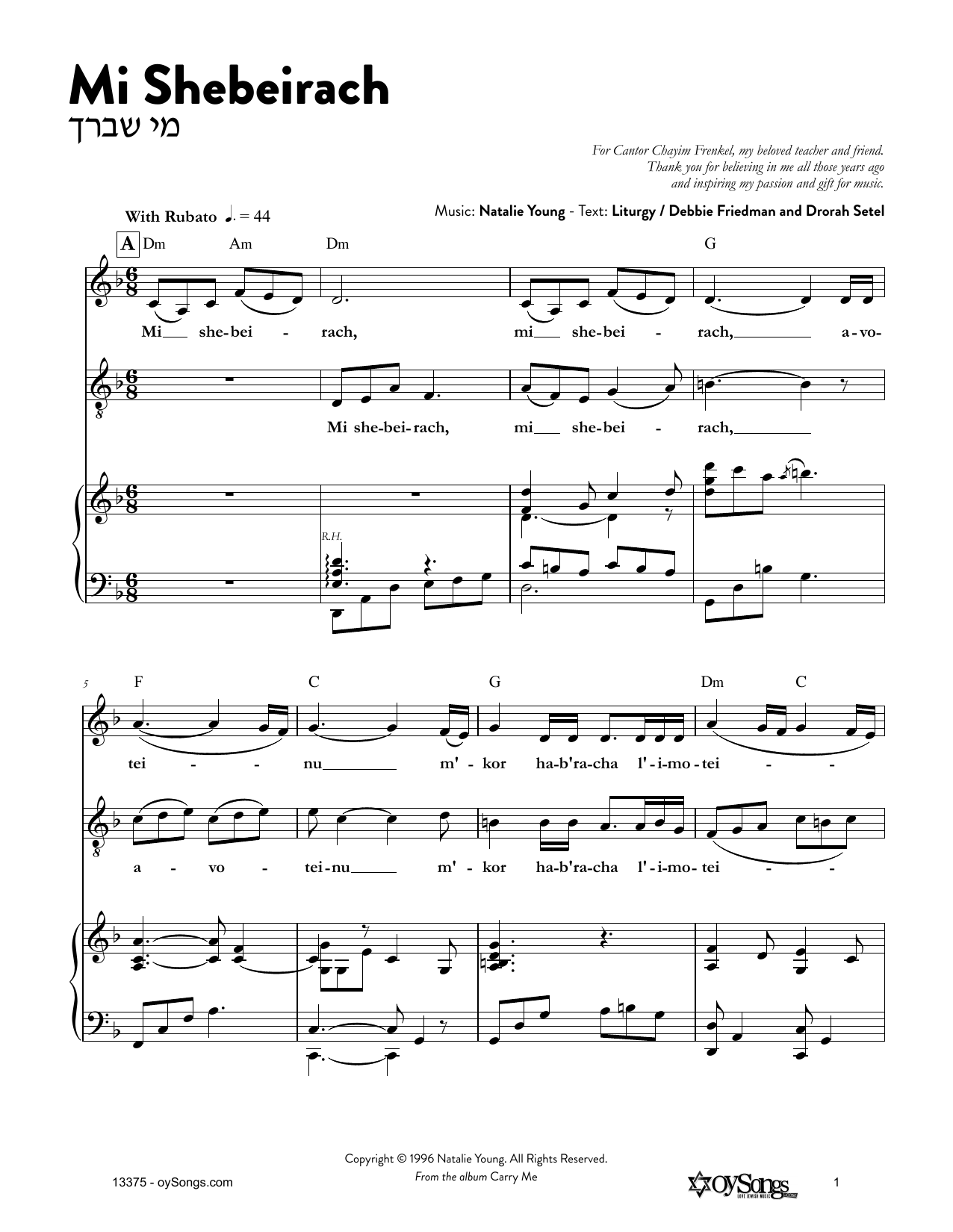 Download Natalie Young Mi Shebeirach Sheet Music and learn how to play Melody Line, Lyrics & Chords PDF digital score in minutes