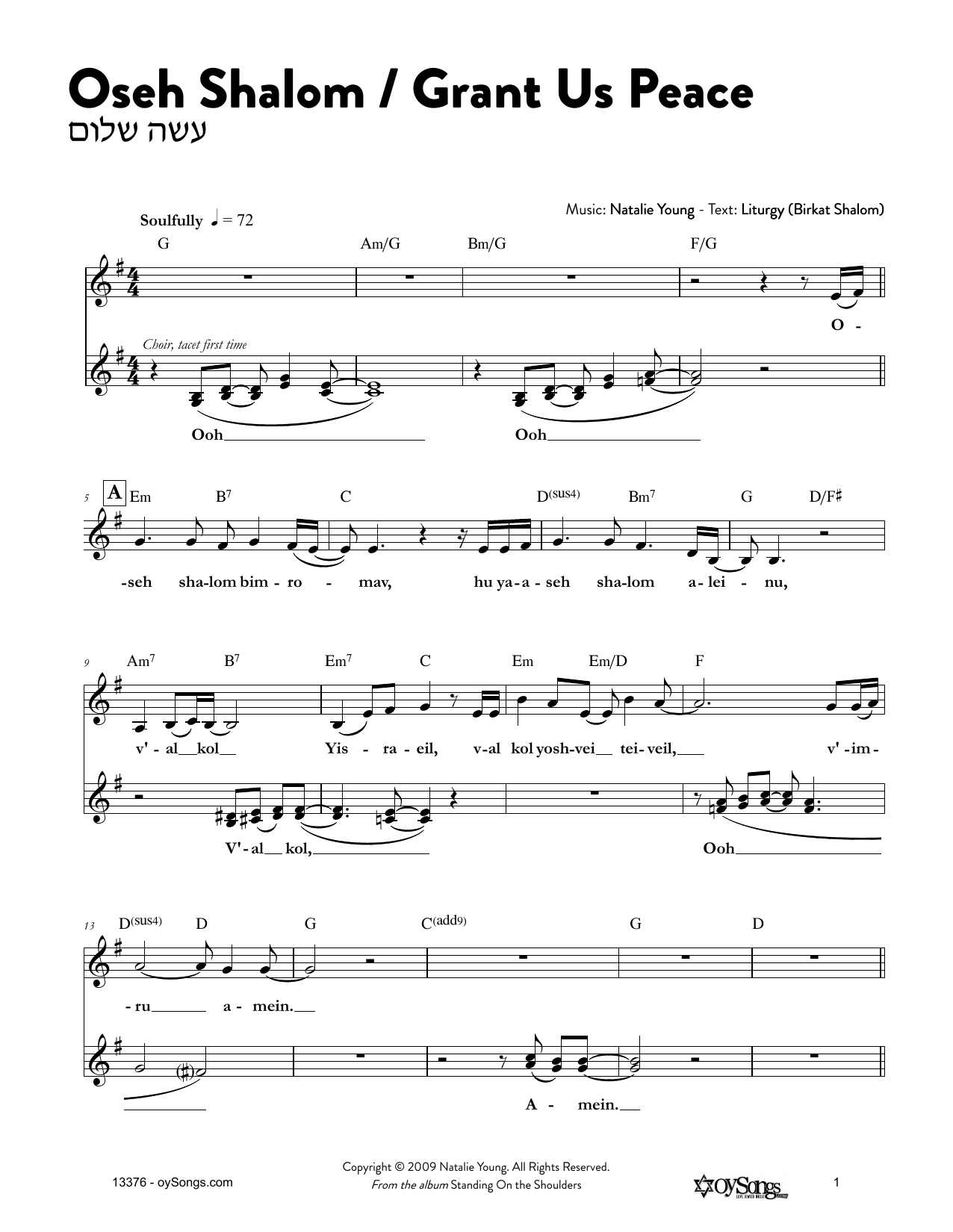 Download Natalie Young Oseh Shalom/Grant Us Peace Sheet Music and learn how to play Melody Line, Lyrics & Chords PDF digital score in minutes