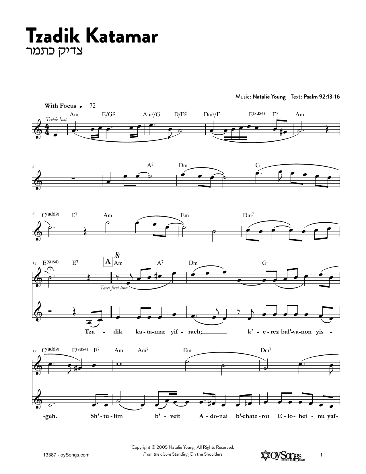 Download Natalie Young Tzadik Katamar Sheet Music and learn how to play Melody Line, Lyrics & Chords PDF digital score in minutes
