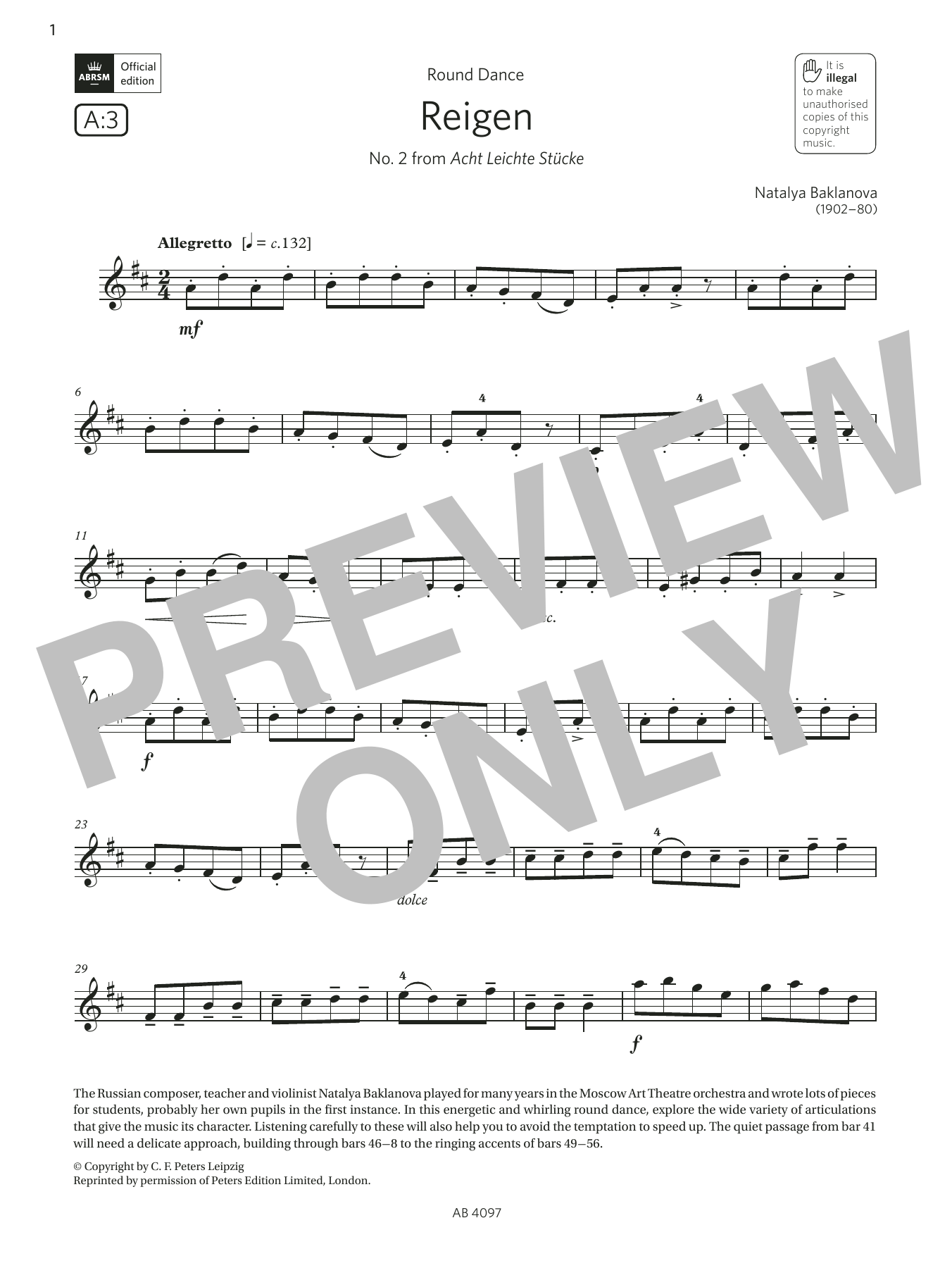 Download Natalya Baklanova Reigen (Grade 3, A3, from the ABRSM Violin Syllabus from 2024) Sheet Music and learn how to play Violin Solo PDF digital score in minutes