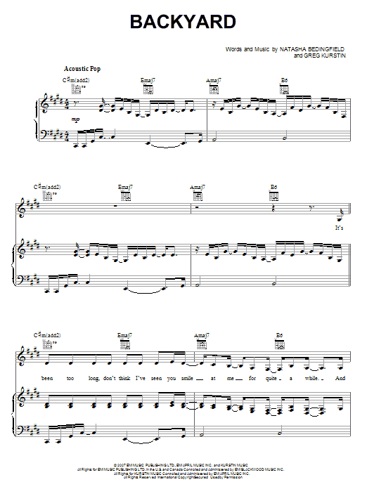 Download Natasha Bedingfield Backyard Sheet Music and learn how to play Piano, Vocal & Guitar (Right-Hand Melody) PDF digital score in minutes