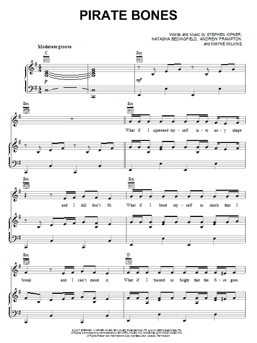 Download Natasha Bedingfield Pirate Bones Sheet Music and learn how to play Piano, Vocal & Guitar (Right-Hand Melody) PDF digital score in minutes