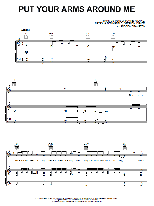 Download Natasha Bedingfield Put Your Arms Around Me Sheet Music and learn how to play Piano, Vocal & Guitar (Right-Hand Melody) PDF digital score in minutes