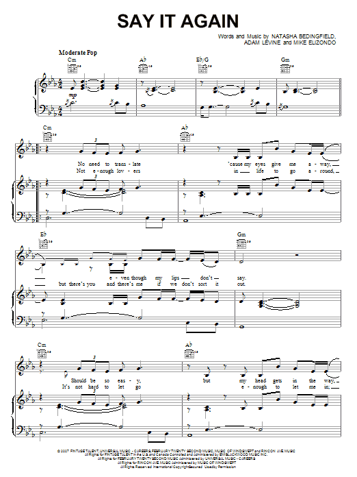 Download Natasha Bedingfield Say It Again Sheet Music and learn how to play Piano, Vocal & Guitar (Right-Hand Melody) PDF digital score in minutes