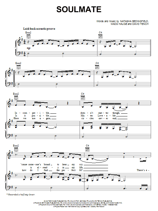 Download Natasha Bedingfield Soulmate Sheet Music and learn how to play Piano, Vocal & Guitar (Right-Hand Melody) PDF digital score in minutes