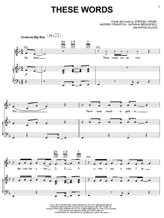 Download Natasha Bedingfield These Words Sheet Music and learn how to play Piano, Vocal & Guitar (Right-Hand Melody) PDF digital score in minutes