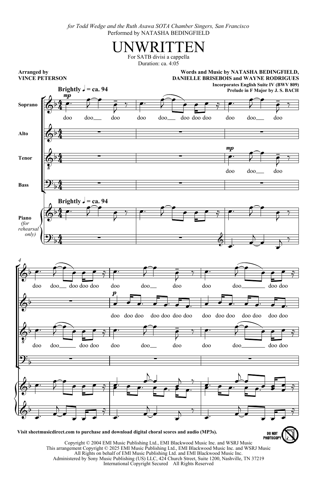 Download Natasha Bedingfield Unwritten (Incorporates English Suite IV) (arr. Vince Peterson) Sheet Music and learn how to play SATB divisi Choir PDF digital score in minutes