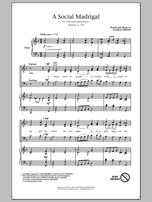 Download Nathan Howe A Social Madrigal Sheet Music and learn how to play SAB PDF digital score in minutes