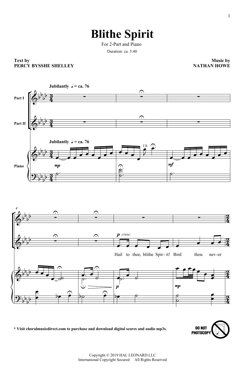 Download Nathan Howe Blithe Spirit Sheet Music and learn how to play 2-Part Choir PDF digital score in minutes