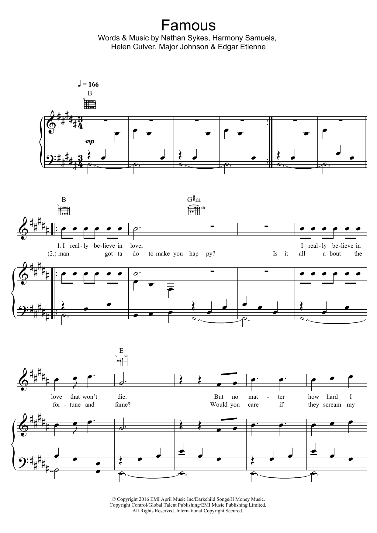 Download Nathan Sykes Famous Sheet Music and learn how to play Piano, Vocal & Guitar (Right-Hand Melody) PDF digital score in minutes