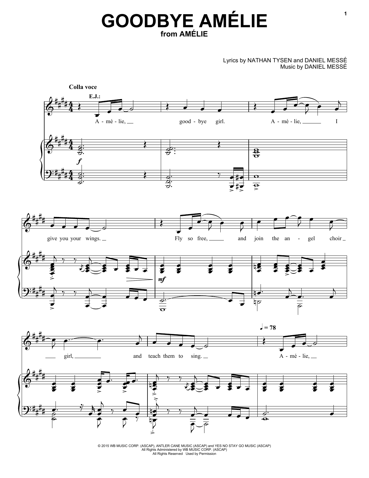 Download Nathan Tysen & Daniel Messé Goodbye Amelie Sheet Music and learn how to play Piano & Vocal PDF digital score in minutes