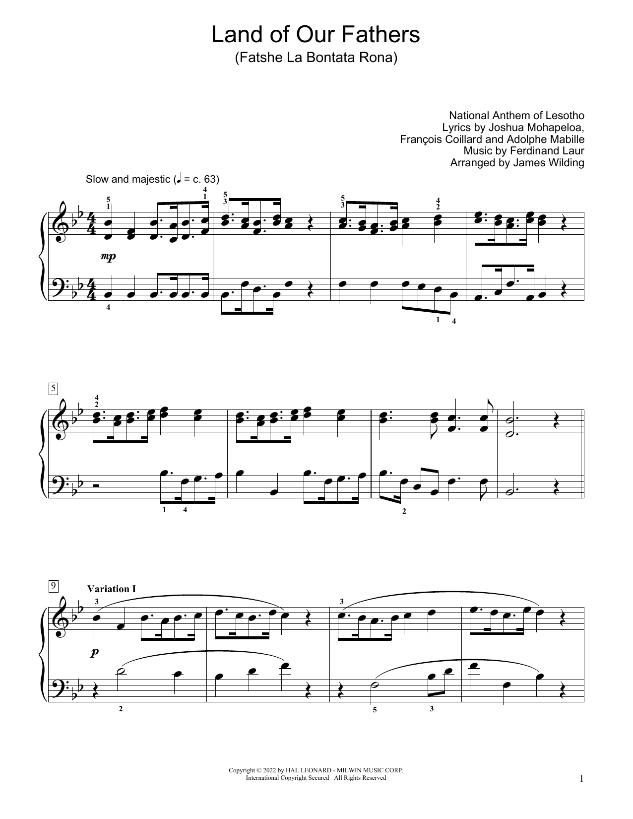 Download National Anthem of Lesotho Land Of Our Fathers (Fatshe La Bontata Rona) (arr. James Wilding) Sheet Music and learn how to play Educational Piano PDF digital score in minutes