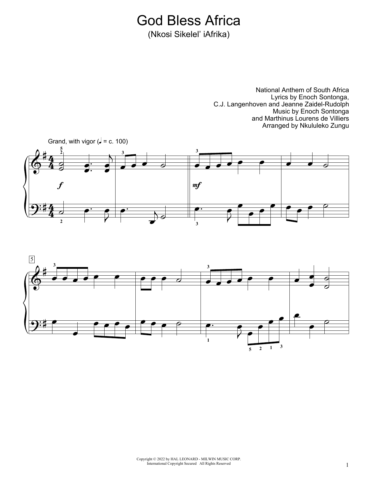 Download National Anthem of South Africa God Bless Africa (Nkosi Sikelel' Iafrika) (arr. Nkululeko Zungu) Sheet Music and learn how to play Educational Piano PDF digital score in minutes