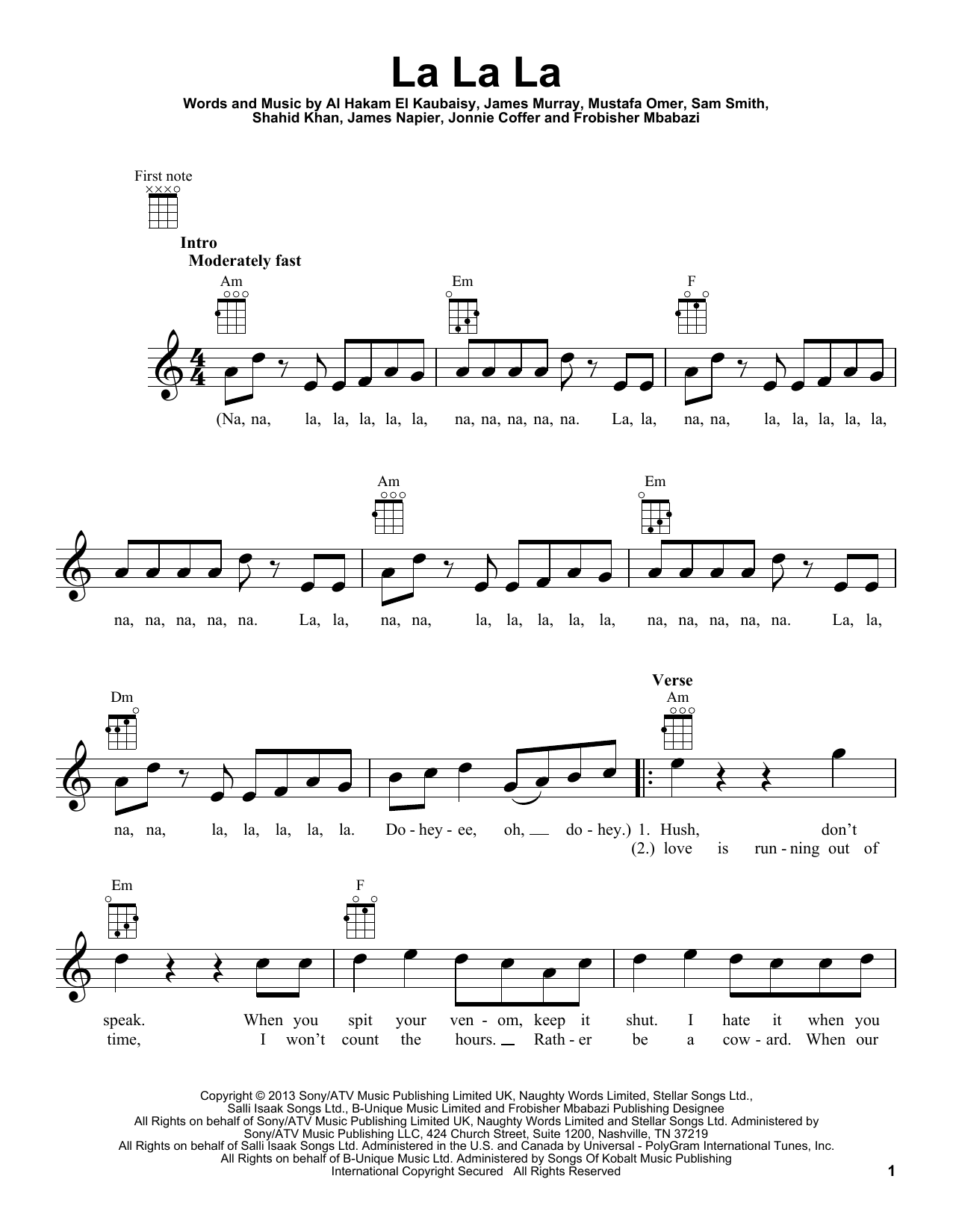 Download Naughty Boy La La La (feat. Sam Smith) Sheet Music and learn how to play Ukulele PDF digital score in minutes