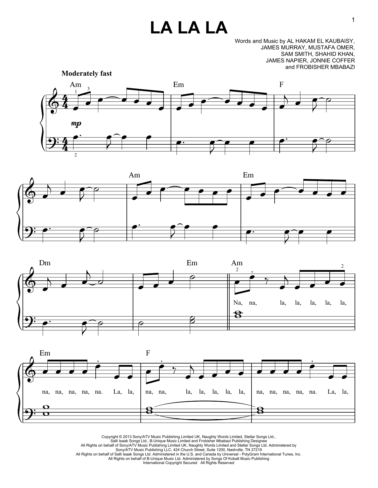 Download Naughty Boy La La La (feat. Sam Smith) Sheet Music and learn how to play Easy Piano PDF digital score in minutes