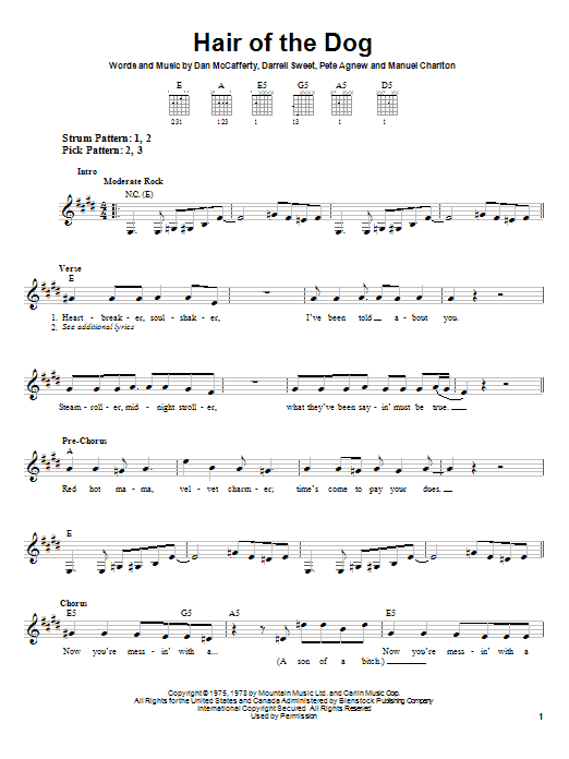 Download Nazareth Hair Of The Dog Sheet Music and learn how to play Easy Guitar PDF digital score in minutes