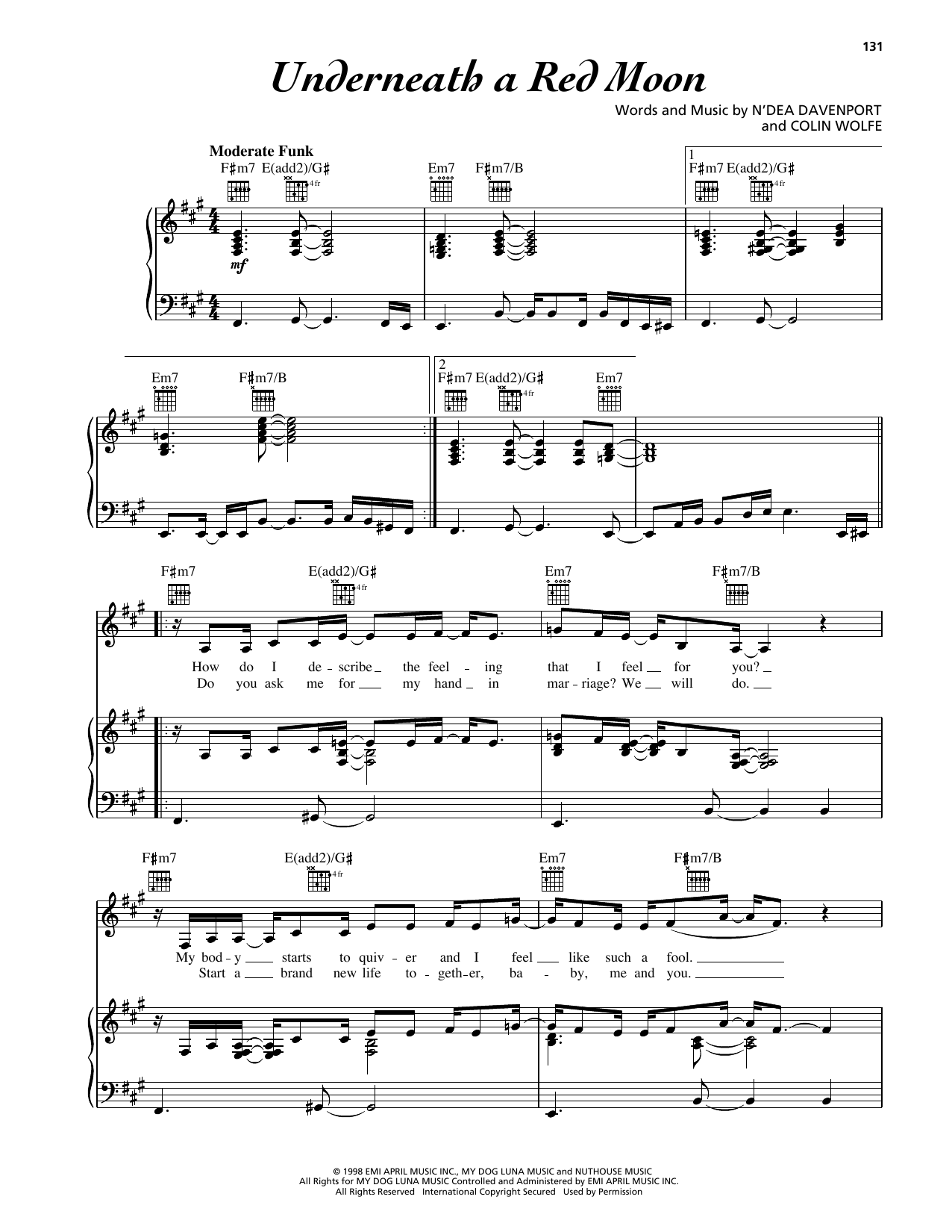 Download N'Dea Davenport Underneath A Red Moon Sheet Music and learn how to play Piano, Vocal & Guitar Chords (Right-Hand Melody) PDF digital score in minutes