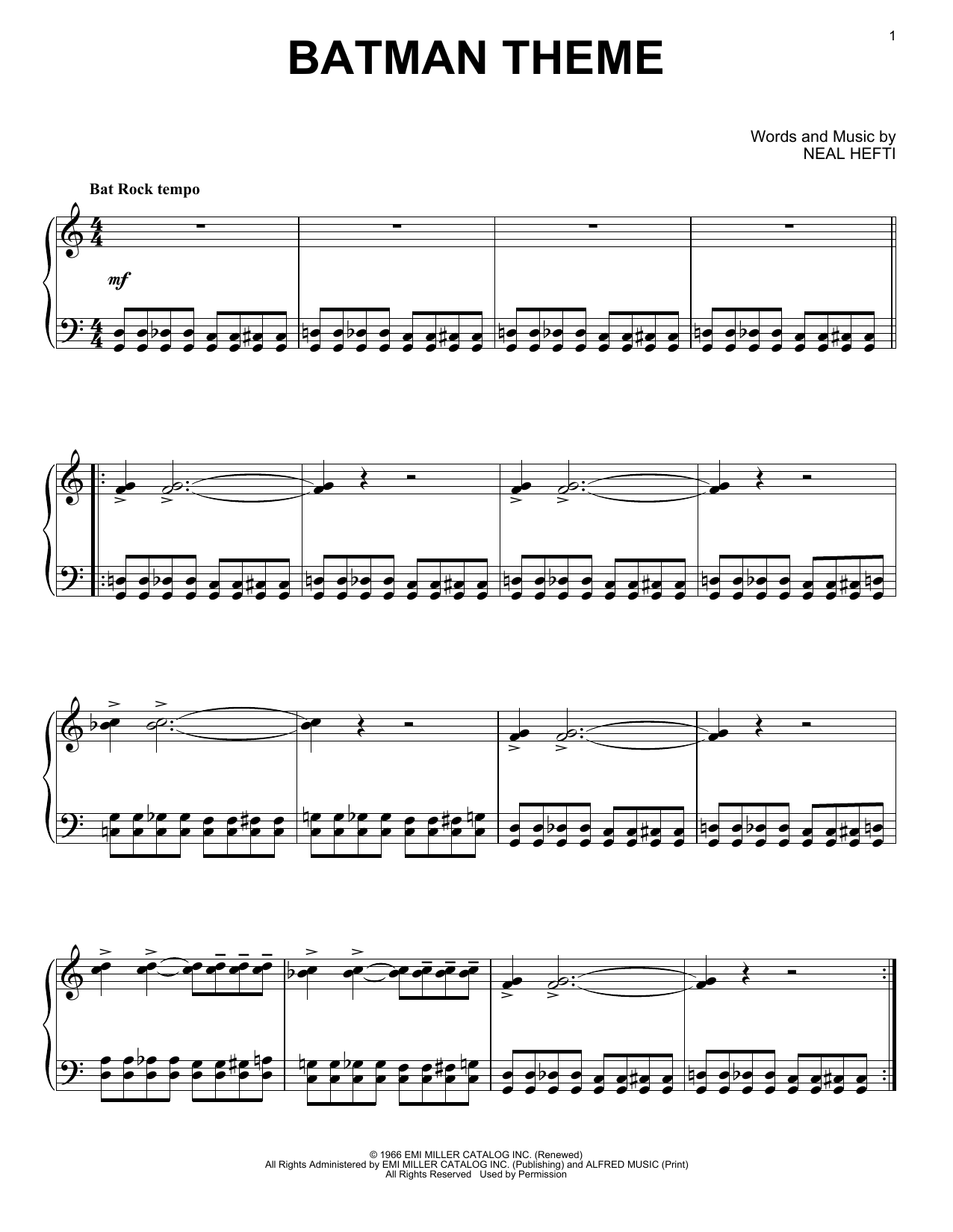 Download Neal Hefti Batman Theme Sheet Music and learn how to play Big Note Piano PDF digital score in minutes