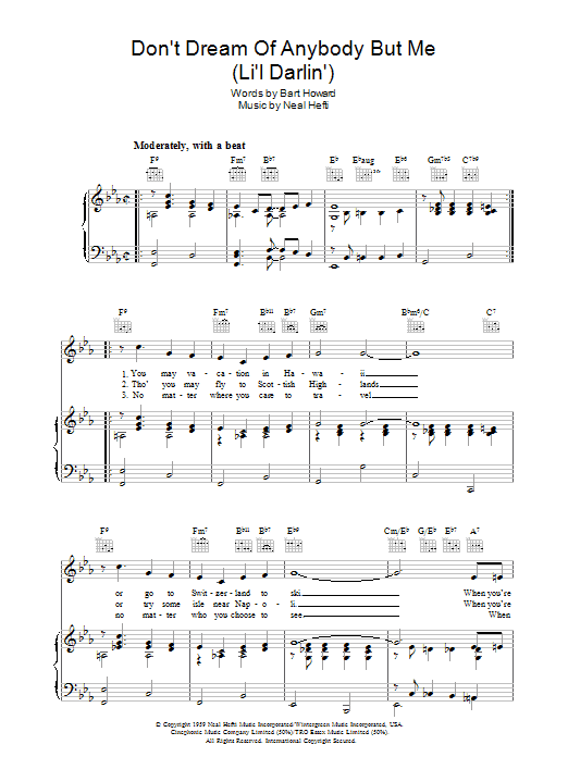Download Neal Hefti Don't Dream Of Anybody But Me (Li'l Darlin') Sheet Music and learn how to play Piano, Vocal & Guitar (Right-Hand Melody) PDF digital score in minutes