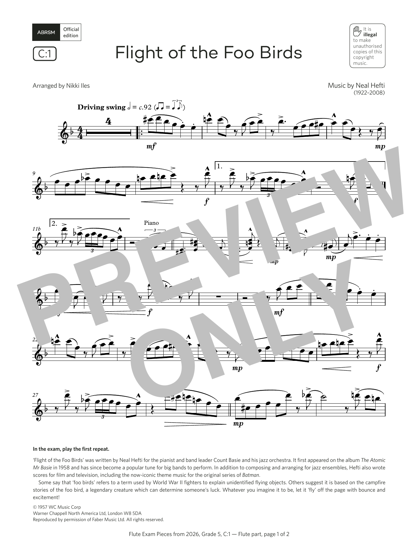 Download Neal Hefti Flight of the Foo Birds (Grade 5, list C1, from the ABRSM Flute Syllabus from 20 Sheet Music and learn how to play Flute Solo PDF digital score in minutes