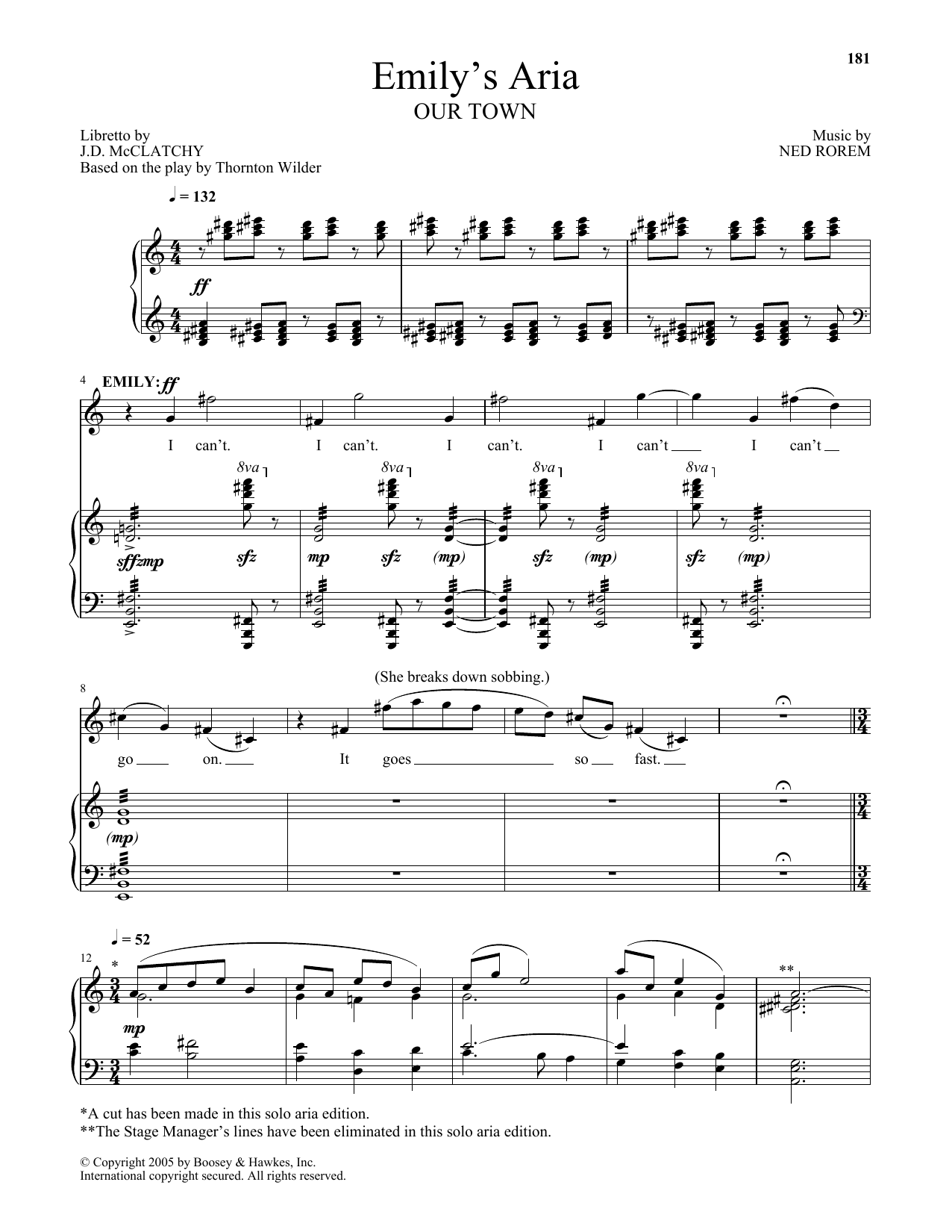 Download Ned Rorem Emily's Aria (from Our Town) Sheet Music and learn how to play Piano & Vocal PDF digital score in minutes