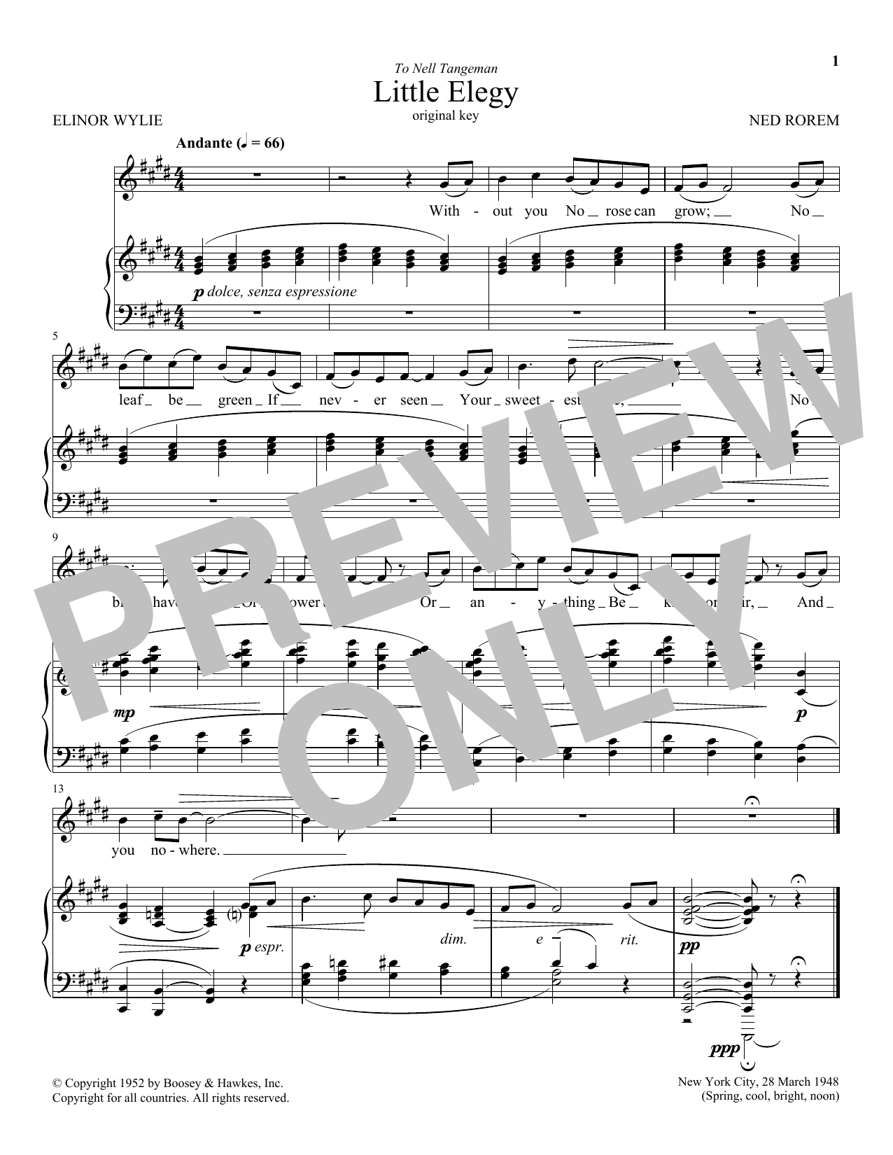Download Ned Rorem Little Elegy Sheet Music and learn how to play Piano & Vocal PDF digital score in minutes