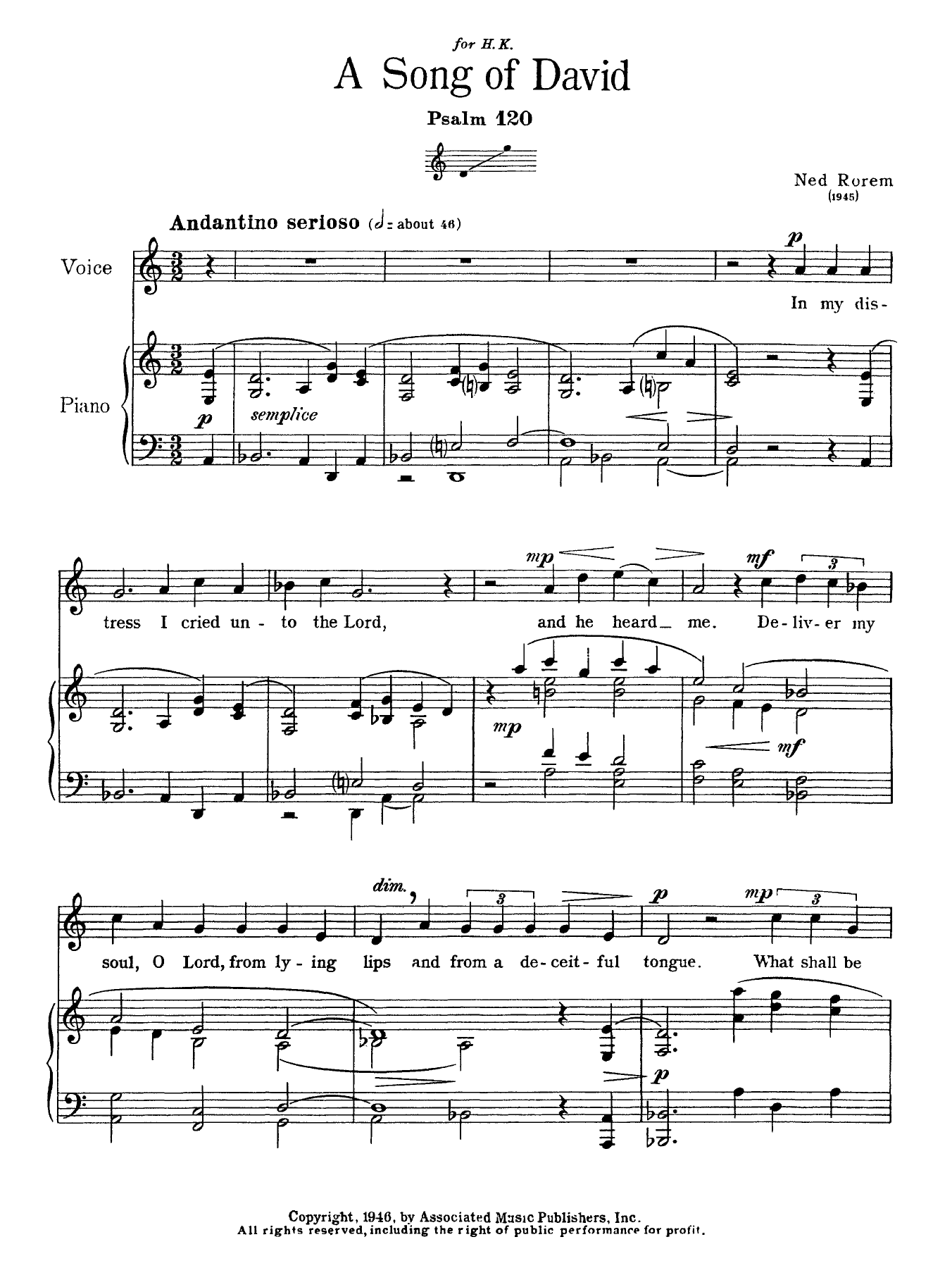 Download Ned Rorem Song Of David (Psalm 120) Sheet Music and learn how to play Voice PDF digital score in minutes